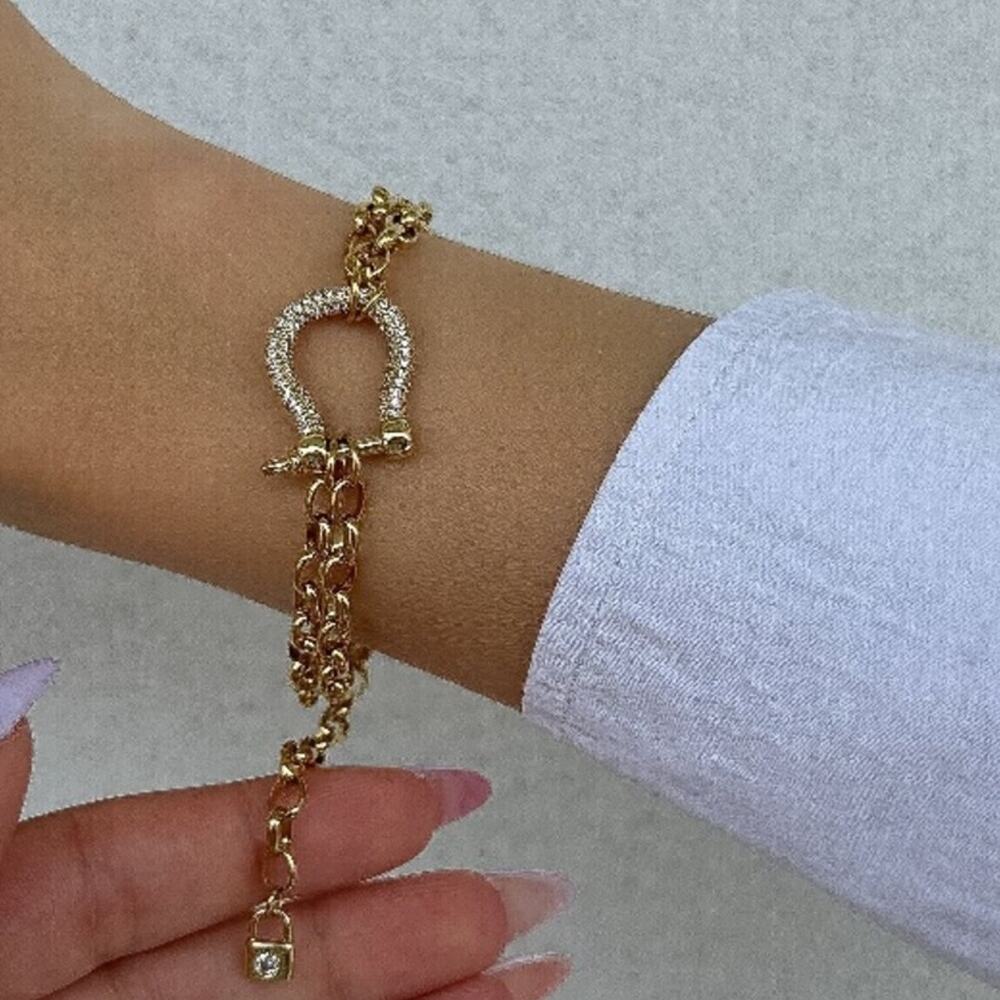 Gold Zircon Horseshoe Chain Link Bracelet Horse Lovers Gift